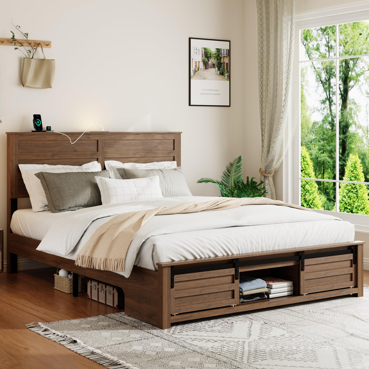 Wooden Bed Frame with Headboard, Farmhouse Storage, Barn Door