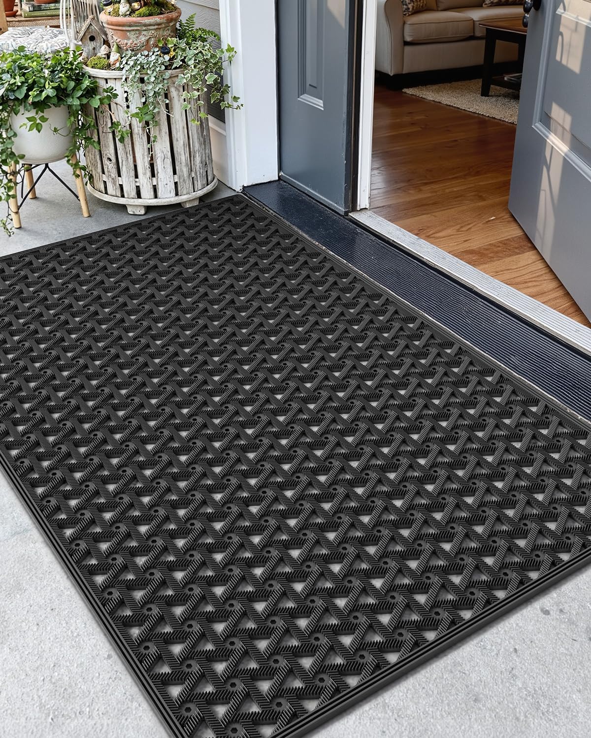 Door Mat Outside Entrance with Drainage, 32"X48" Black | Rubber Heavy Duty Dirt Trapper Waterproof Outdoor Welcome