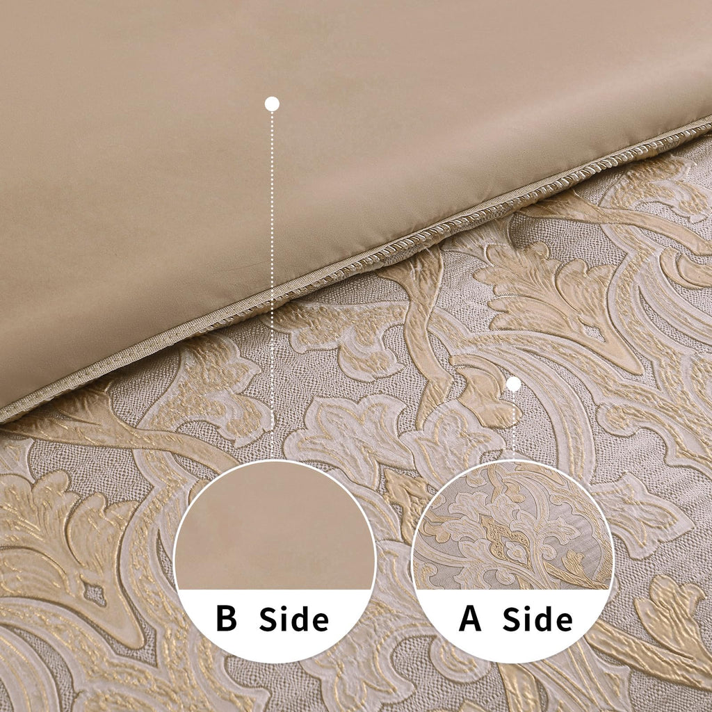 Beige Gold Comforter Set, Luxury 7PC Jacquard Bedding