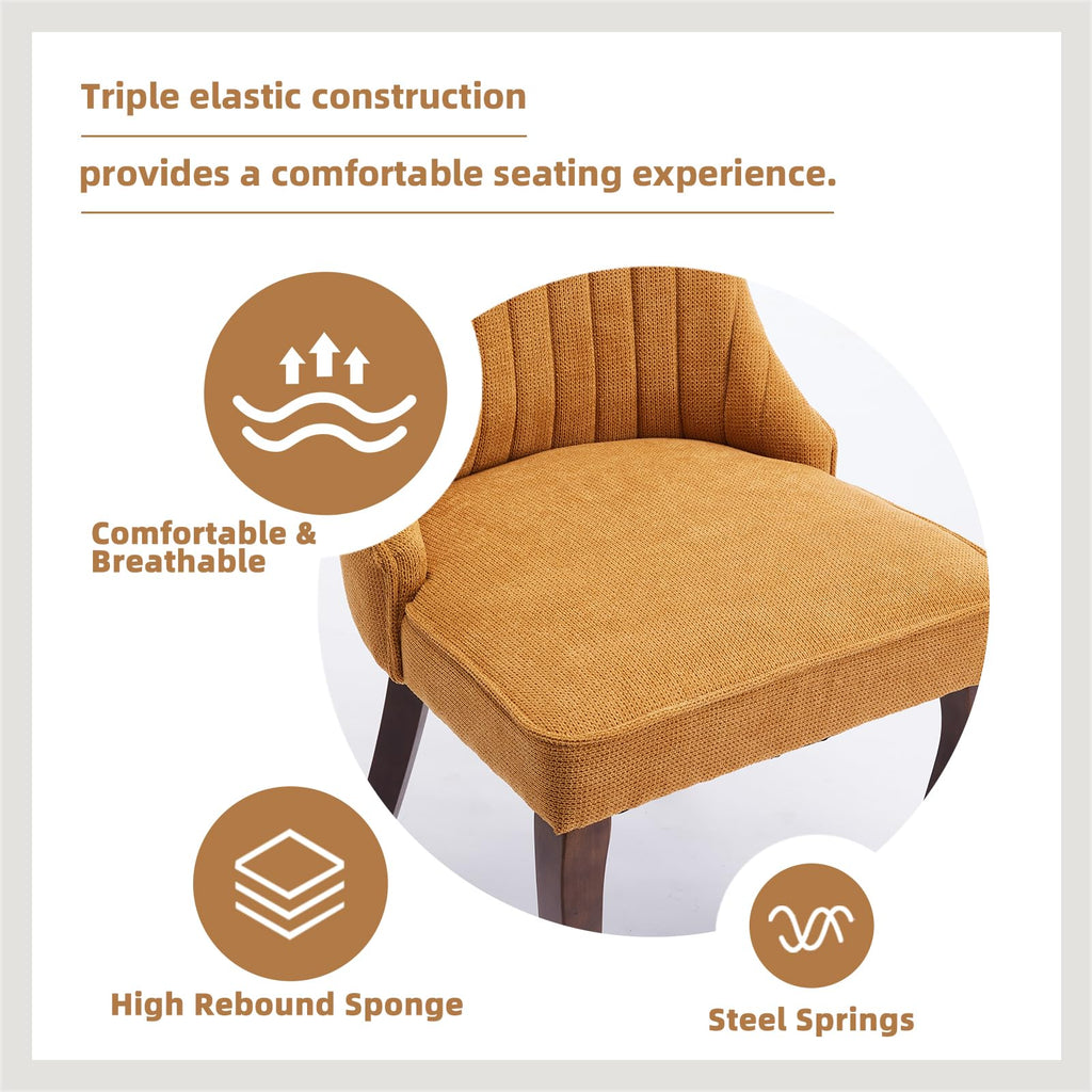Gold Fabric Upholstered Dining Chairs Set of 6, Curved Solid Wood Legs
