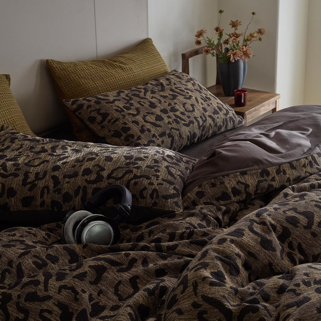 Leopard Print Duvet Cover Queen Yarn-Dyed Cotton Jacquard Duvet Cover Brown Leopard Pattern Comforter Cover Farmhouse