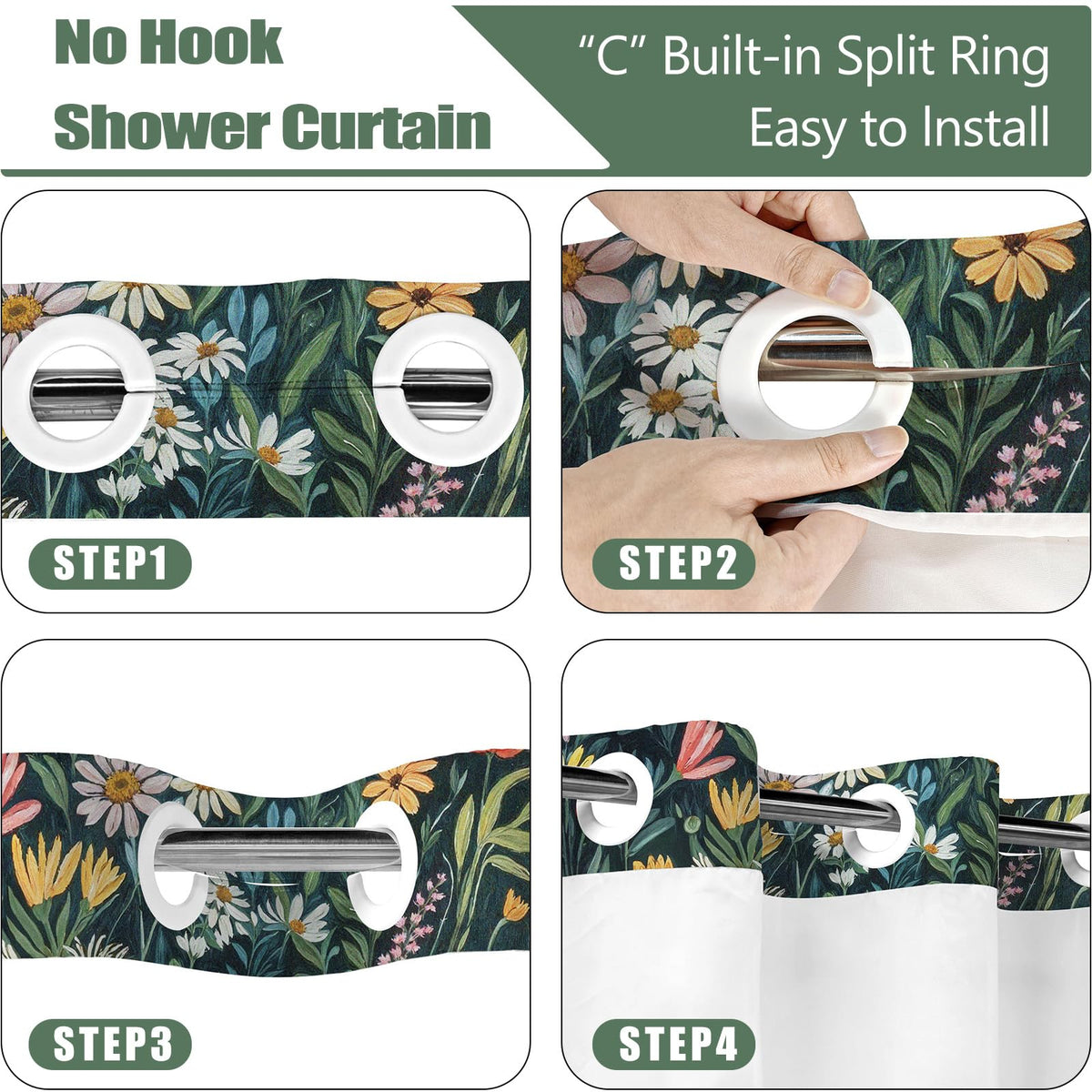 No Hook Shower Curtain with Snap in Liner Funny Black Cats Boho Floral Daisy Flower Shower Curtains Fun Kitten Animal