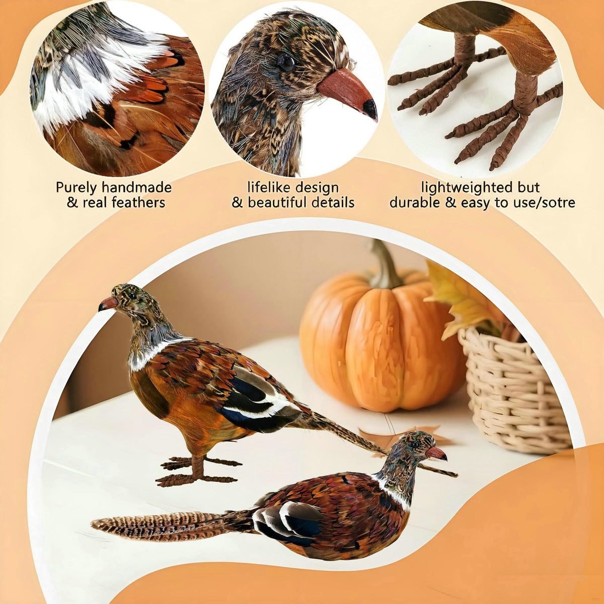 Feathered Pheasant Decor Set of 2 for Autumn Fall Thanksgiving