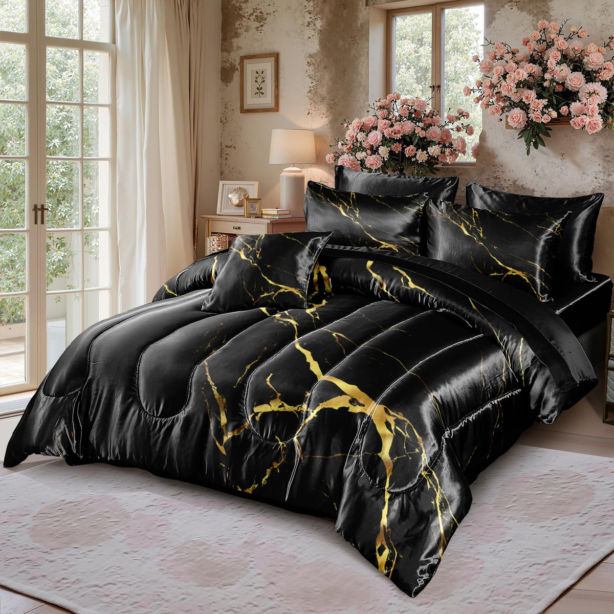 Black Gold Marble Comforter with Sheet Set 8 Pcs Bed in A Bag Satin Bedding Set Luxury Hotel Silky Bed
