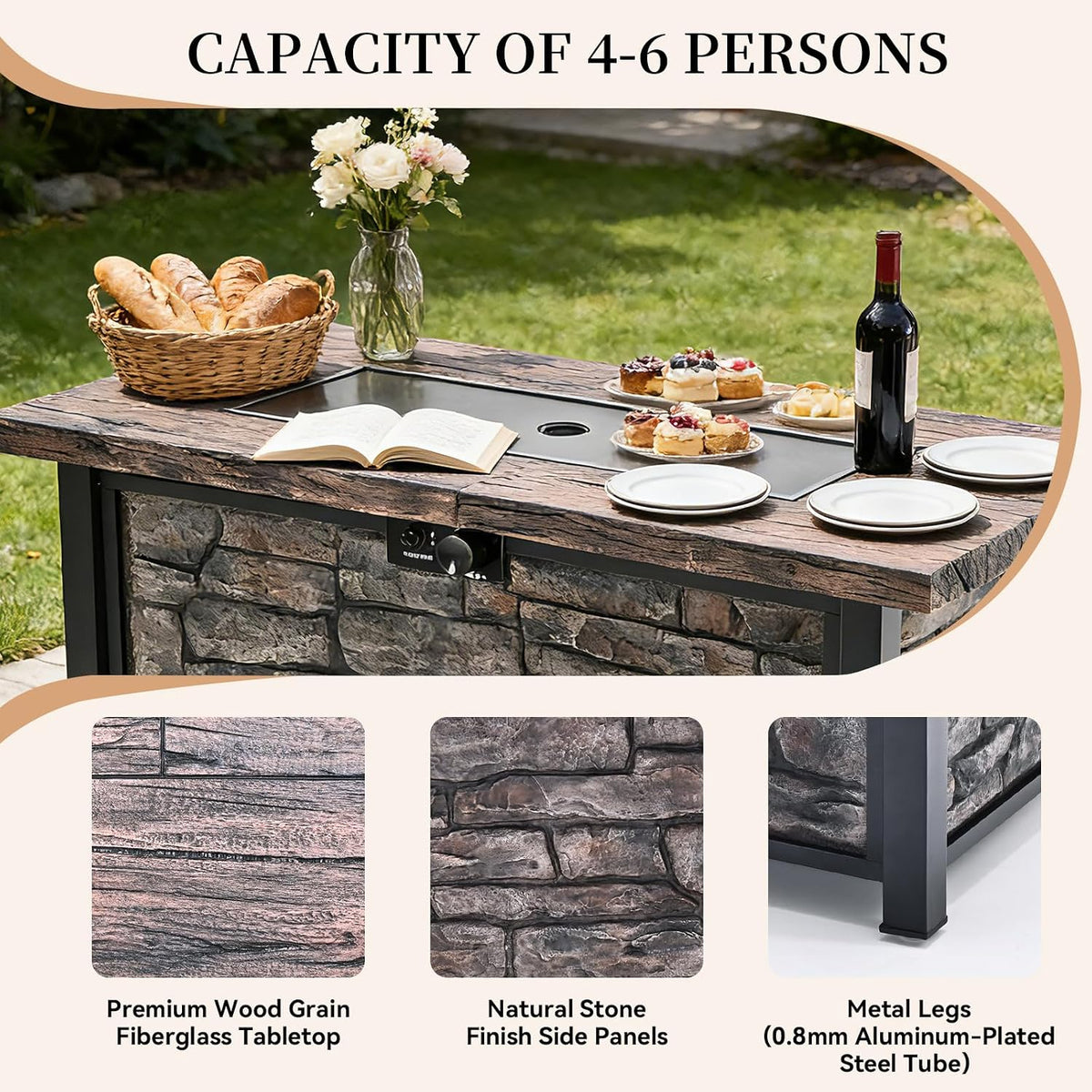 48 inch Propane Fire Pit Table, with Fiberglass Faux Wood Top, 50,000 BTU | Aluminum-coated steel legs, Includes lava