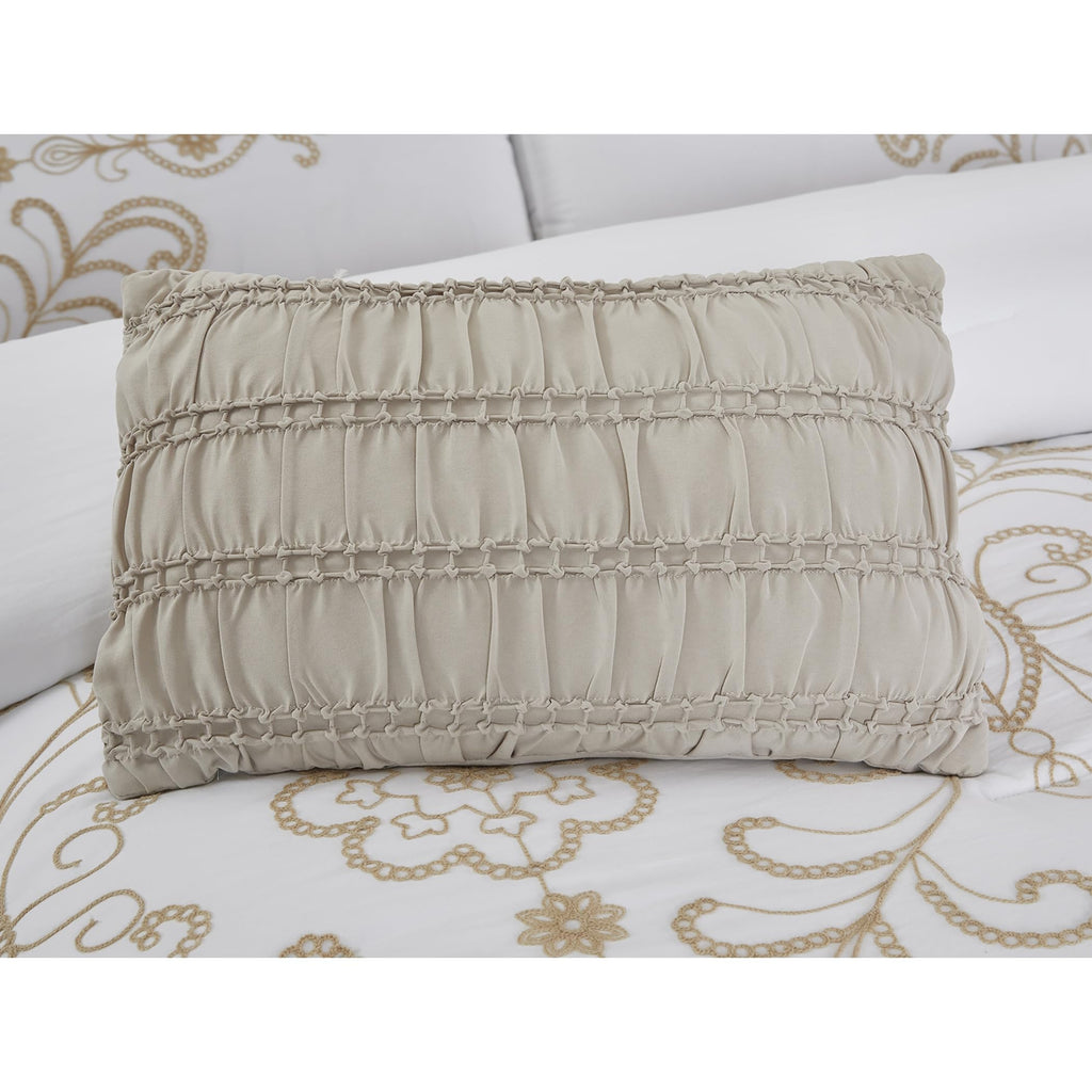 Sabrina Embroidered Comforter Set - 5 Piece White Bed Set with Gold Detailing, Decorative Pillows & Shams