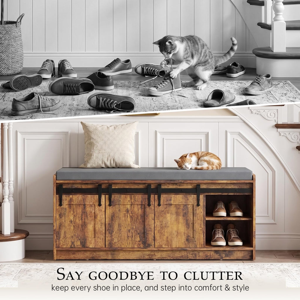 42" Farmhouse Shoe Storage Bench, Rustic Brown, 2pc
