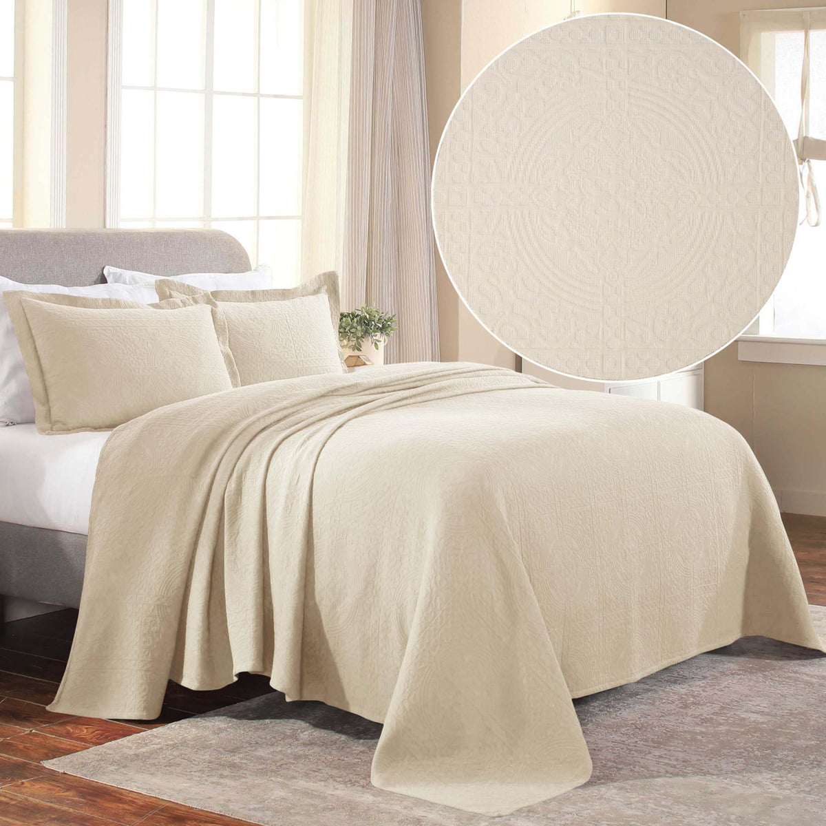 Cotton Bedspread, Jacquard Woven Matelasse Bedding, Twin, Ivory