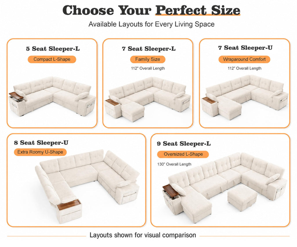 112" Modular Sectional Sleeper Sofa with Pull Out Bed, Chenille Modern 7 Seat L Shaped Couch with Reclining