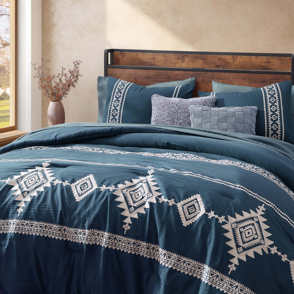 Embroidery Comforter Set 7 Pieces Navy Blue Bed in a Bag