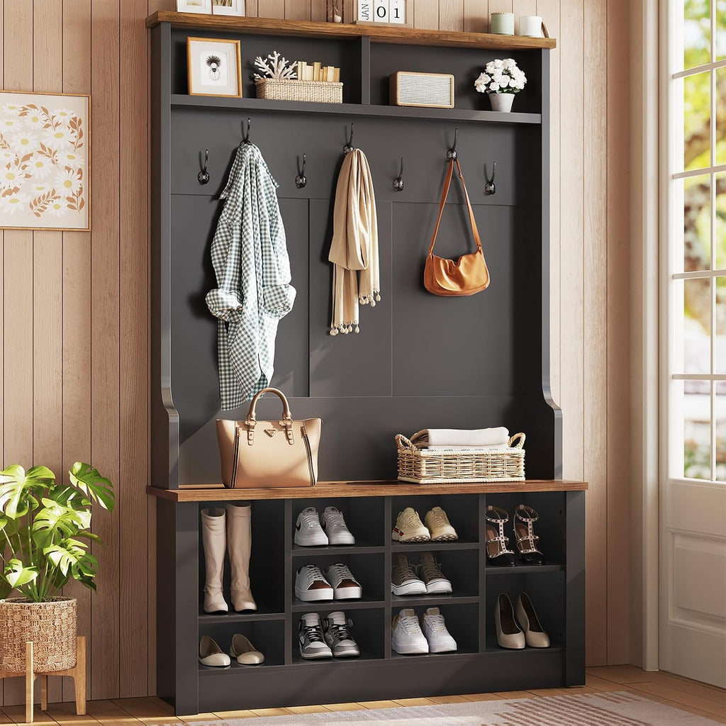 Hall Tree with Bench and Shoe Storage, 3-in-1 Entryway Bench with Coat Rack, Adjustable Shoe Storage and Hanging Hooks, Black