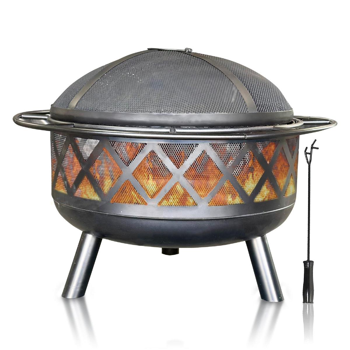 Crossweave 30" Wood Burning Fire Pit with Spark Screen, Poker, Mesh Cover, Stainless Steel Grate - Black