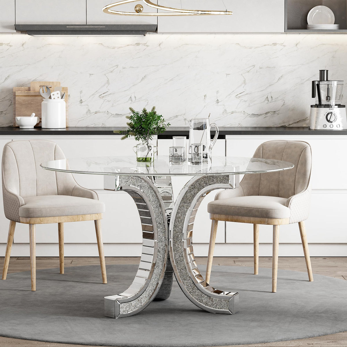 52" Round Glass Pedestal Dining Table with Tempered Glass Top