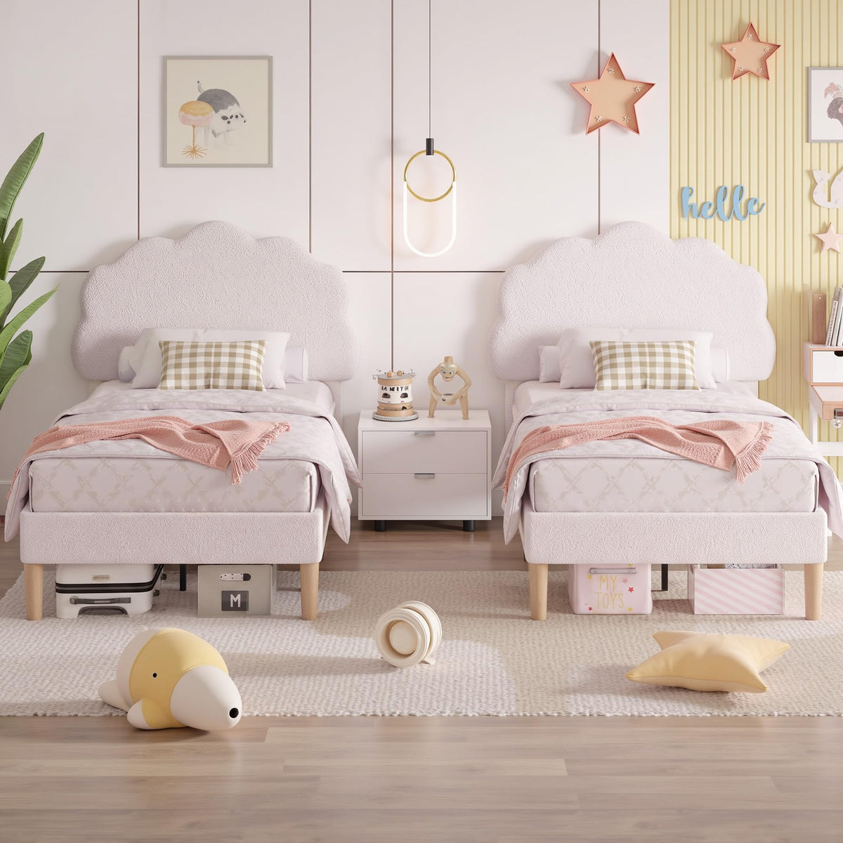 Twin Size Bed Frame Set of 2, Upholstered Platform Bedframe with Height Adjustable Plush Fabric Headboard, Strong