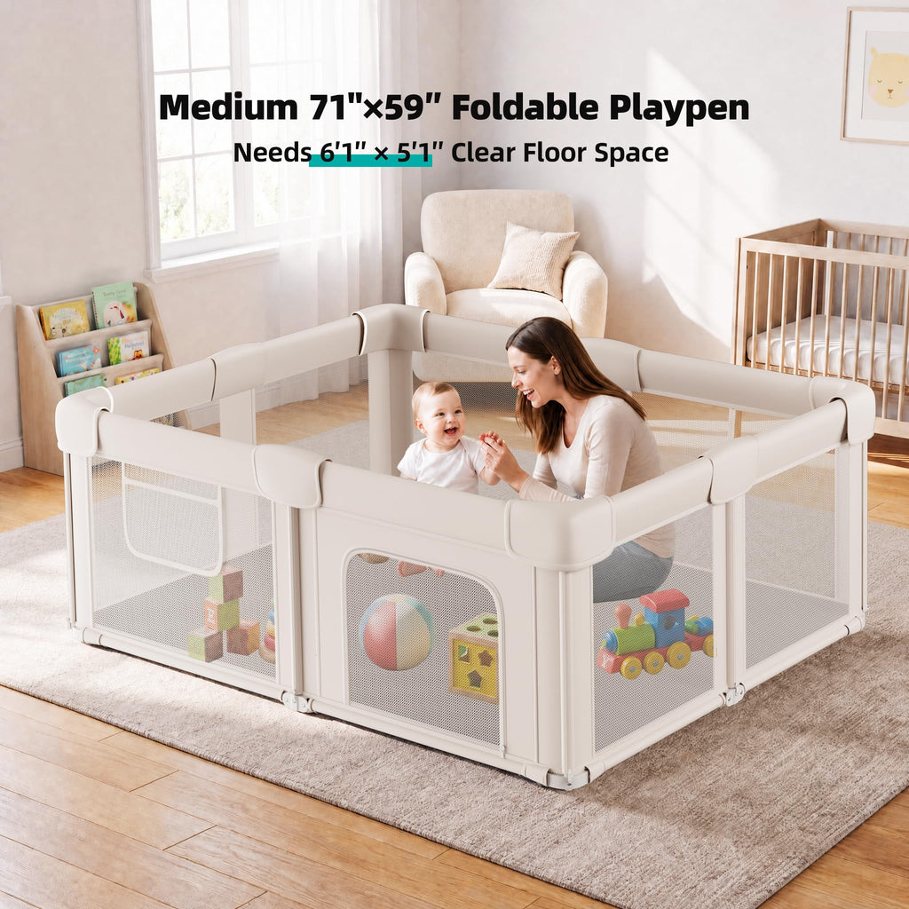Foldable Baby Playpen with Mat, 71x59 Inches, Light Khaki