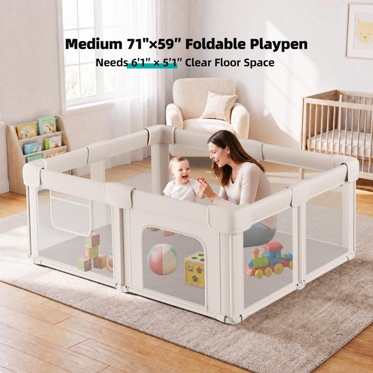 Foldable Baby Playpen with Mat, 71x59 Inches, Light Khaki