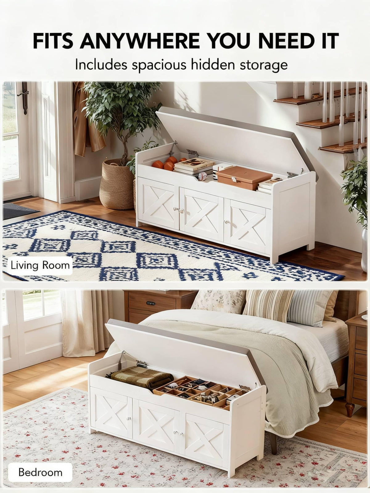 Farmhouse Shoe Storage Bench with Cushion, 3 Doors & Lift-Top Storage, Adjustable Shelves, 300 lbs Capacity Entryway
