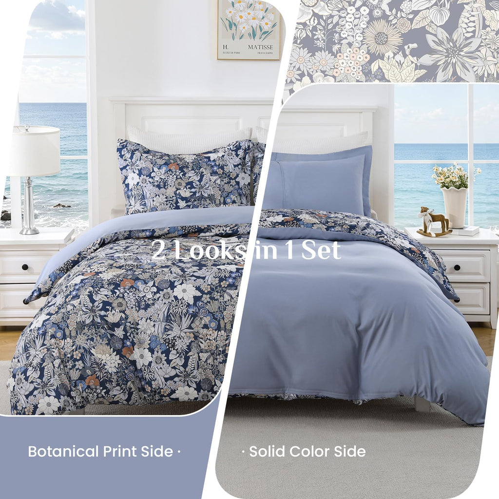 Duvet Cover, 3Pcs Reversible Floral Bedding Set Navy Blue