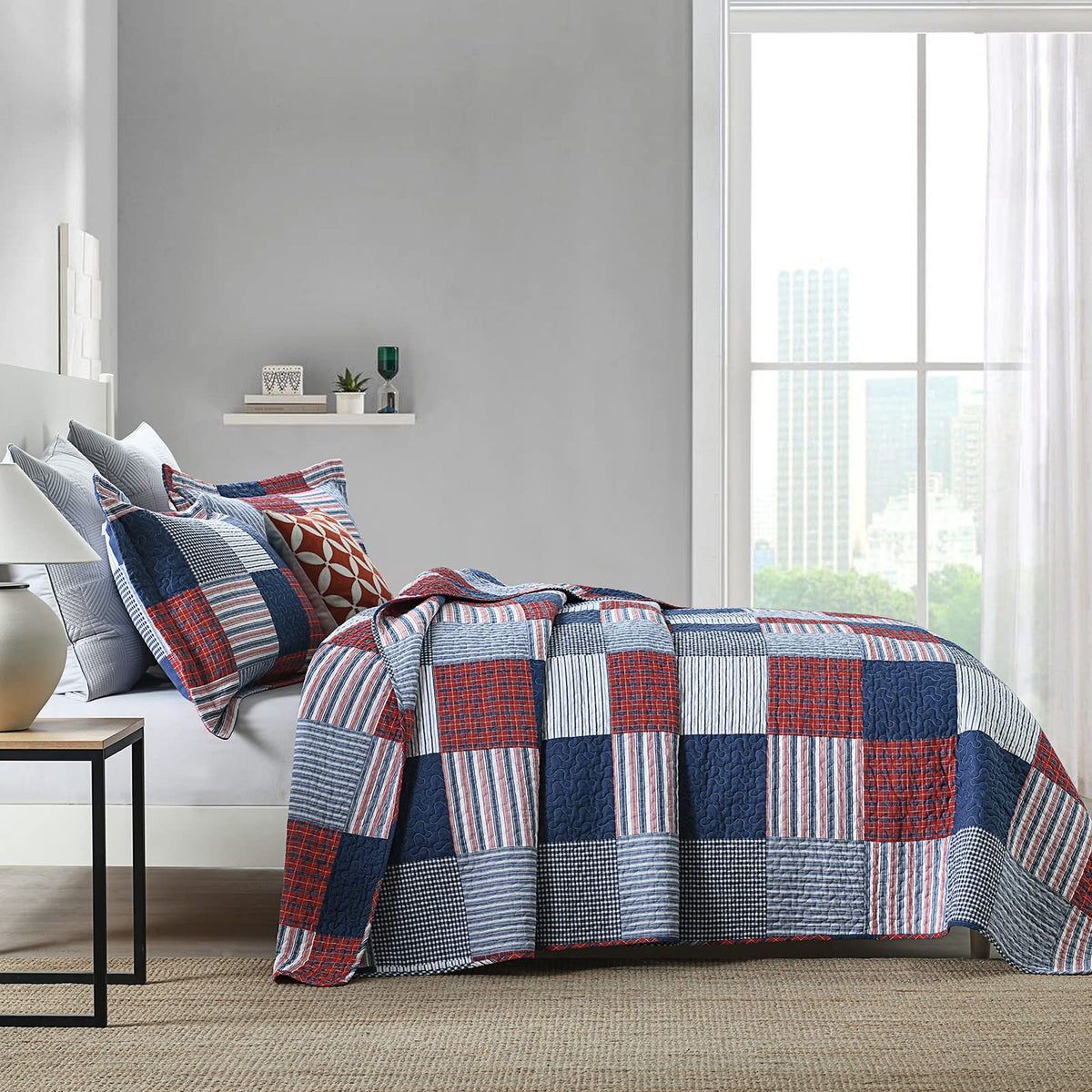 100% Cotton Quilt Set, Patchwork Plaid Quilt Bedding Set Bedspreads, Farmhouse Lightweight Comforter