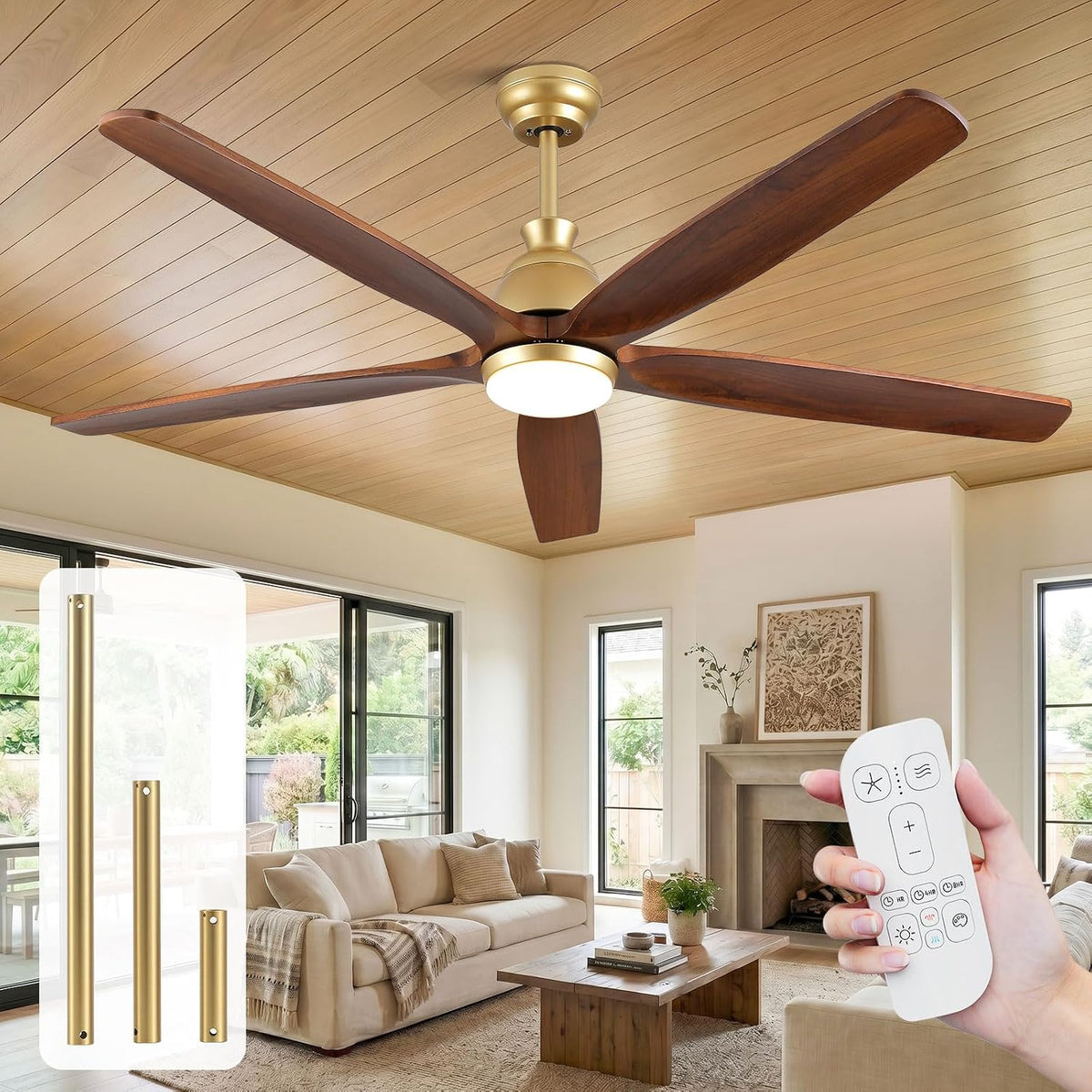 60-Inch Gold Brass Outdoor Ceiling Fan with Lights and Five Walnut Blades
