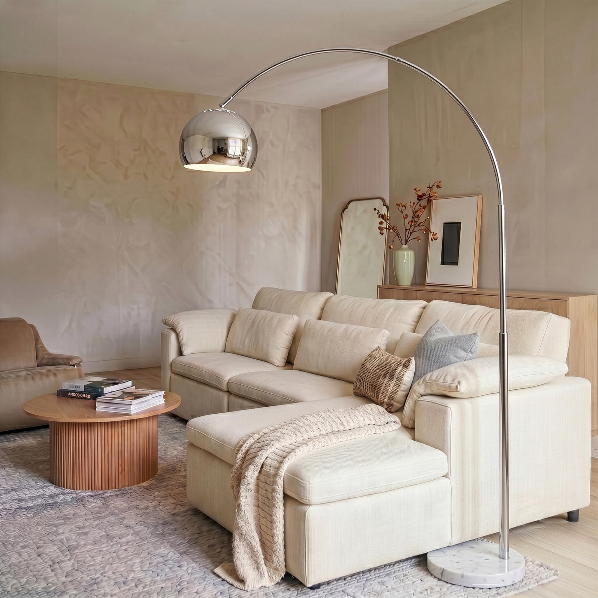 Olivia Floor Lamp - Chic Arc Lamp with Rounded Spolight Head and Marble Base, Tall Standing Lamp with LED Light Bulb