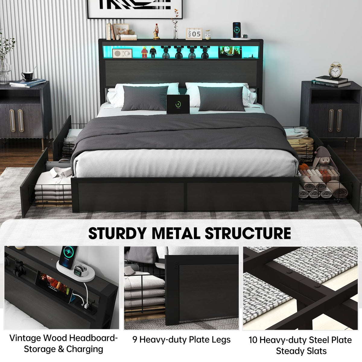 Bed Frame with 2-Tier Storage Headboard and 4 Drawers, Metal Platform Bed Frame with LED & Charging Station, No