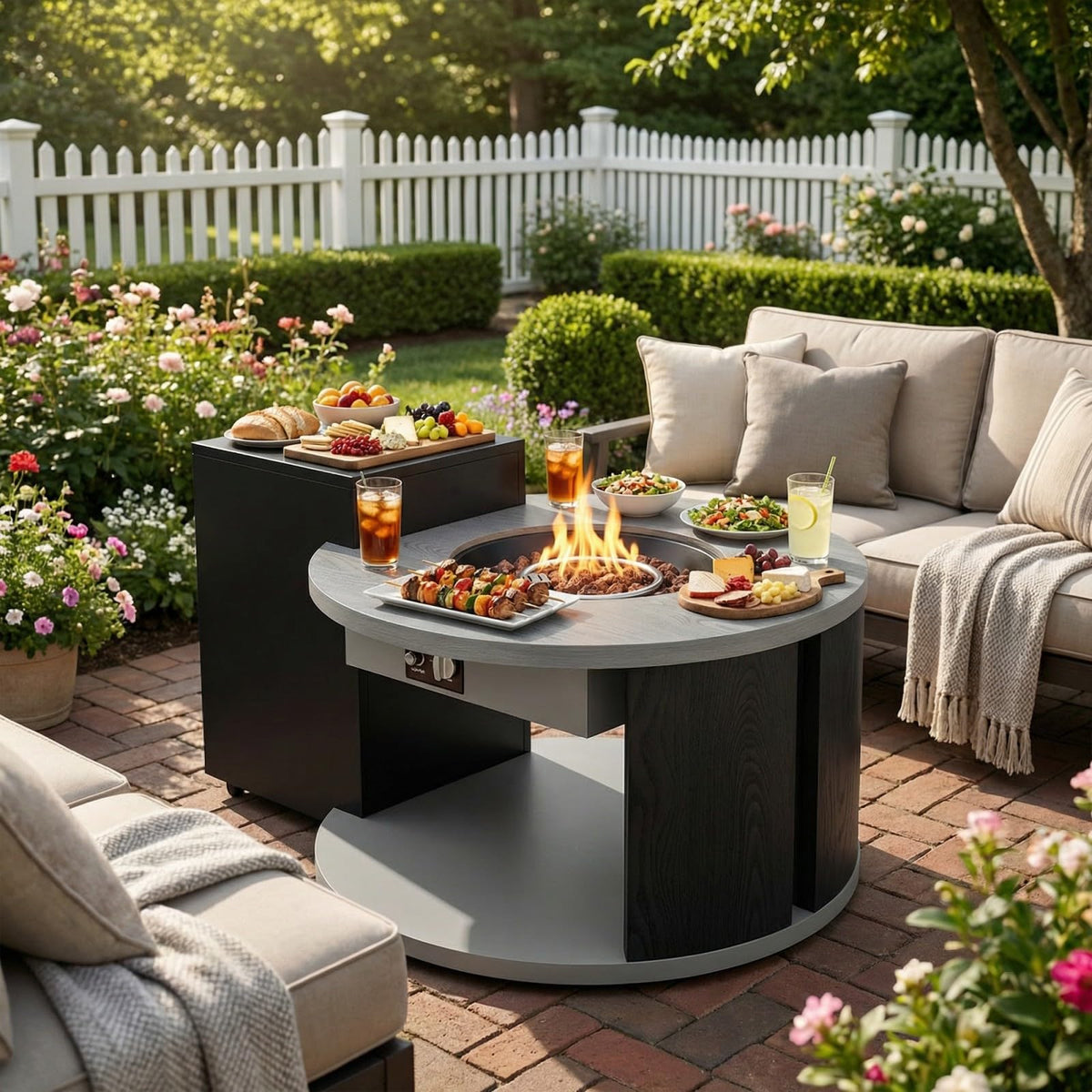 Round Outdoor Fire Table with Propane Tank Cabinet, Aluminum Alloy Fire Pit Table Grey & Black 42"W x 31.5"D