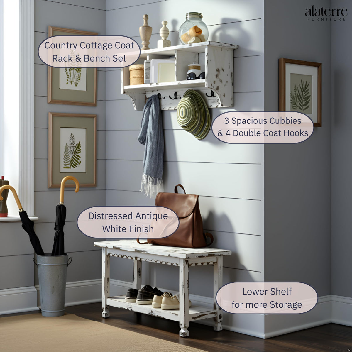 Country Cottage 36" Entryway Coat Rack and Bench Set - Wall Mounted Coat Hanger with 3 Cubbies, 4 Double Hooks &