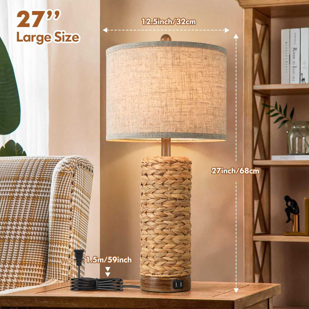 27Inch Tall Rattan Table Lamps Set of 2 with 2 USB Ports