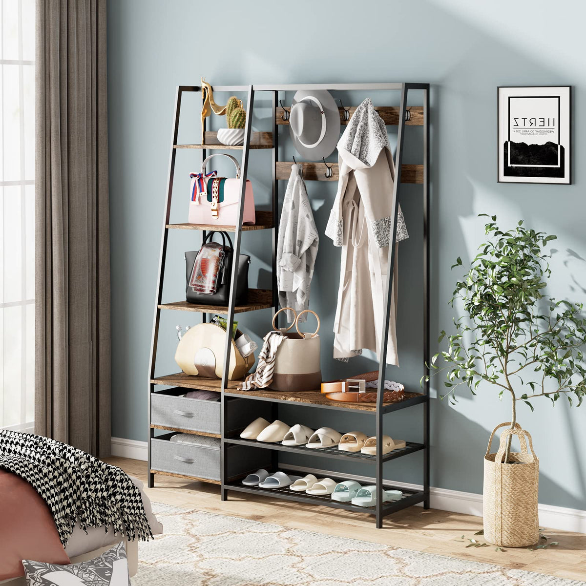 Hall Tree with Bench and Shoe Storage, Industrial Entryway Bench with Coat Rack, 2 Fabric Dressers, 6 Side Shelves, 9