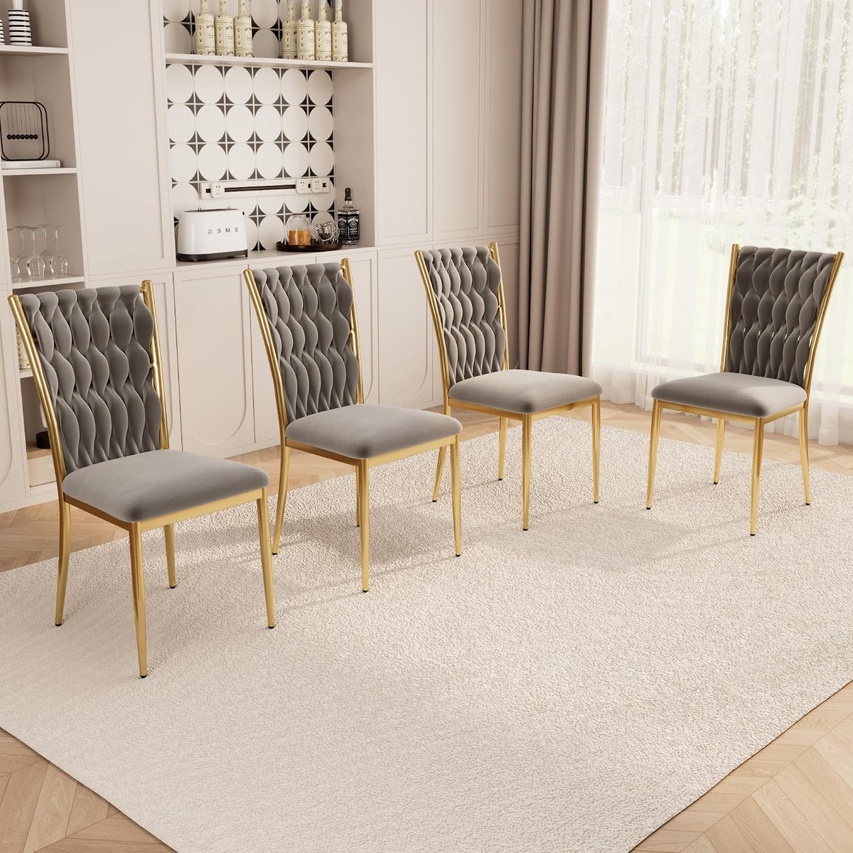Velvet Dining Chairs Set of 4, Modern Woven Kitchen Chairs with Gold Metal Legs, Upholstered Cushion with High Back