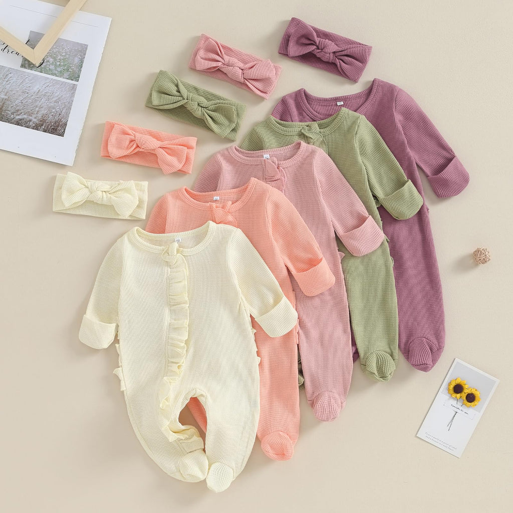 Baby Girl Fall Winter Outfits - Knit Jumpsuit Ruffle Romper Coming Home Outfit (mitten cuff Jumpsuit Purple)