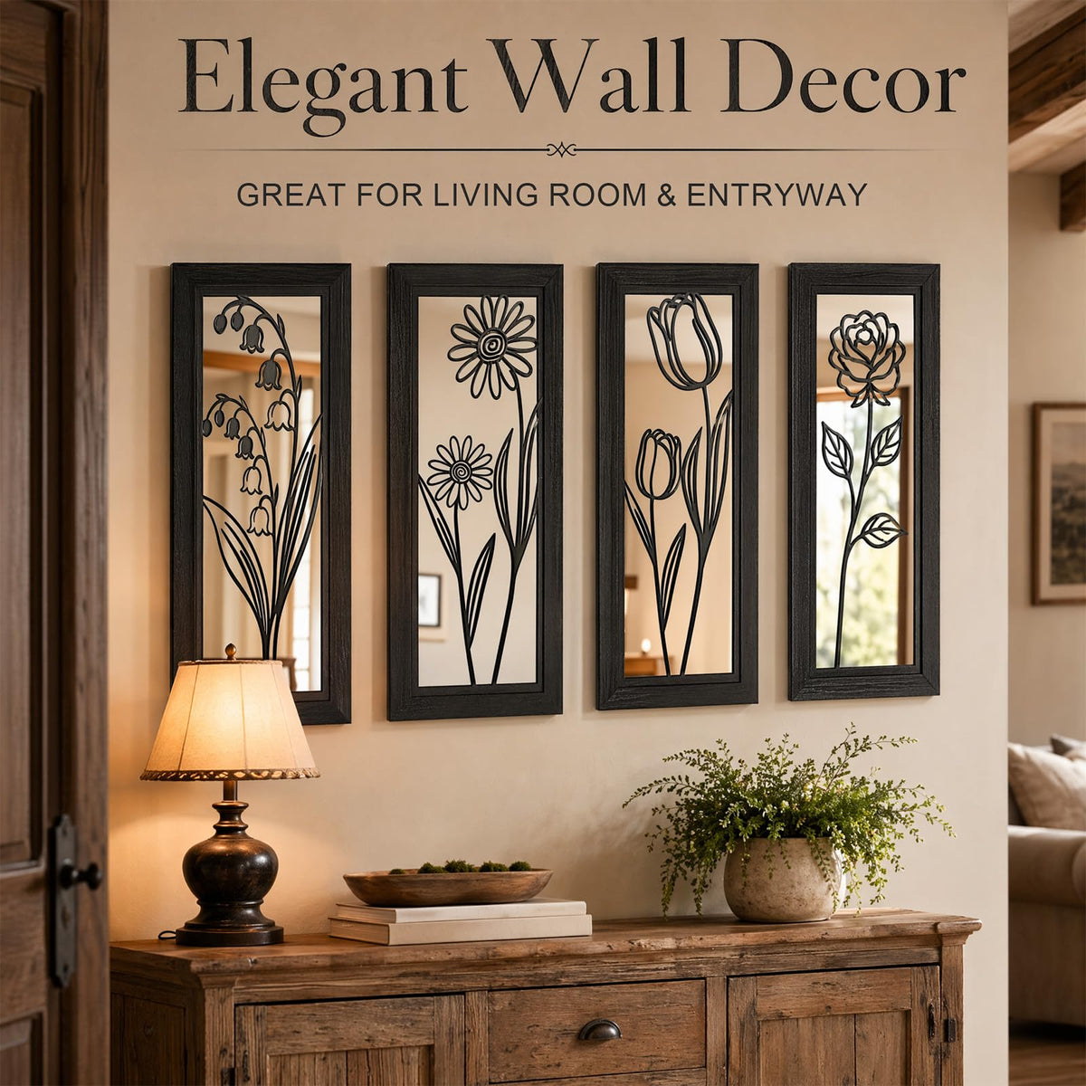 4 Set Farmhouse Mirrors for Wall Decor Living Room Bedroom Bathroom Entryway Wood Rustic Decorative Framed Hanging