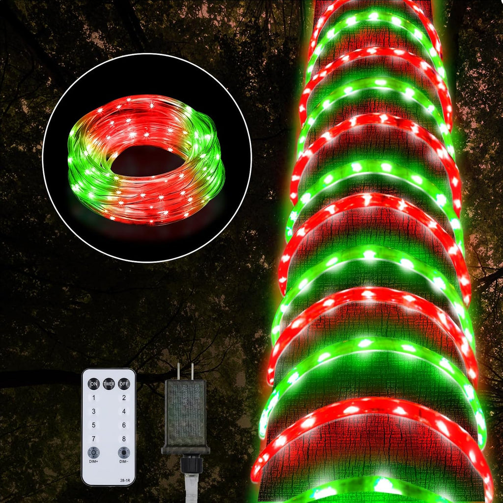 Christmas Rope Lights Outdoor, 50Ft 600 LED Red and Green String Lights, Waterproof Tube Light Plug in 8 Modes Timer