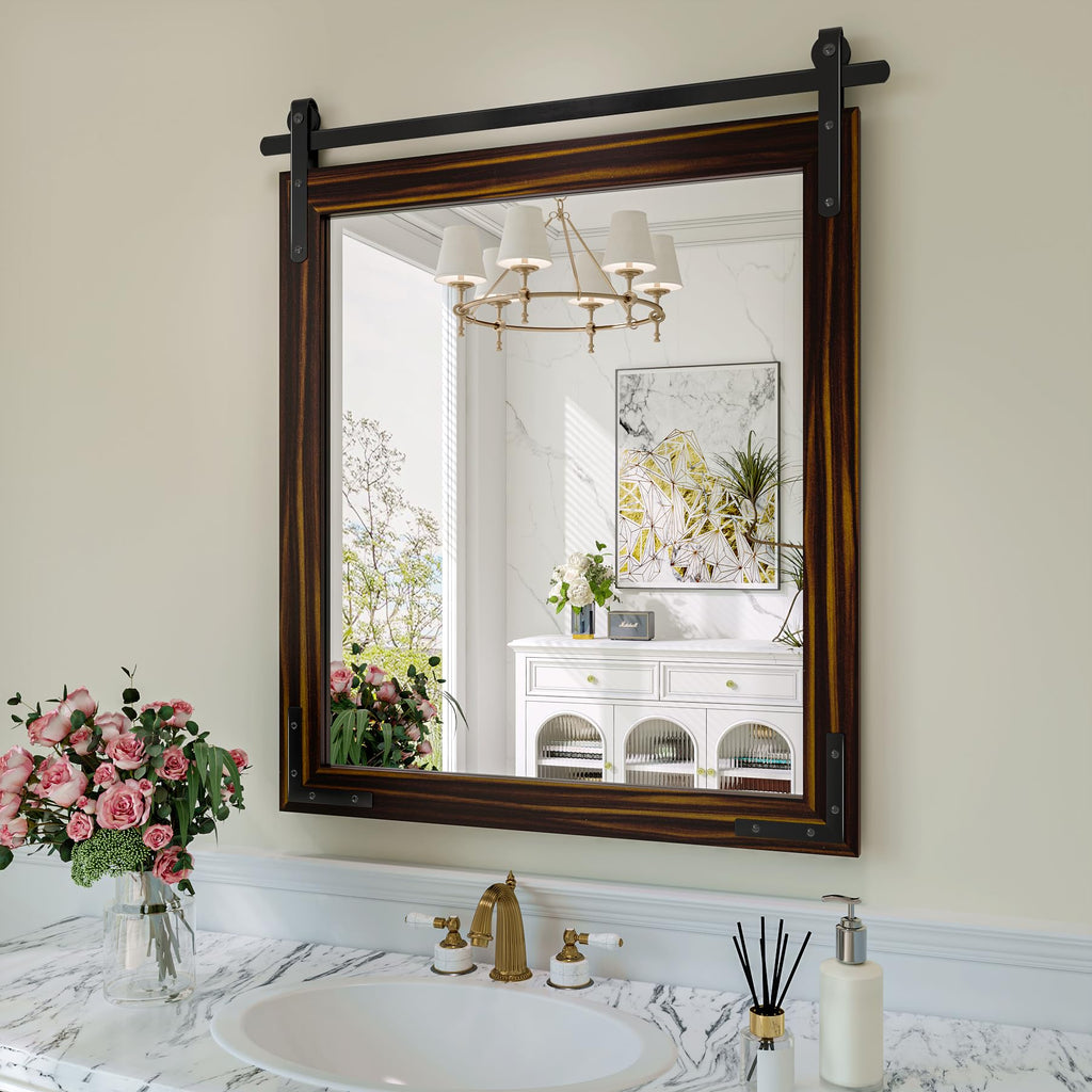 Farmhouse Bathroom Mirror, 24"x30" Black Brown Rustic Mirrors