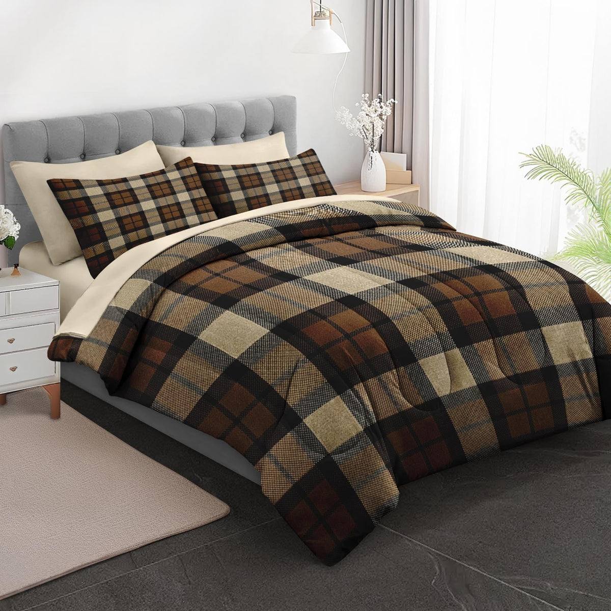 Comforter Set with Sheets, 7 Pieces Plaid Brown Bedding
