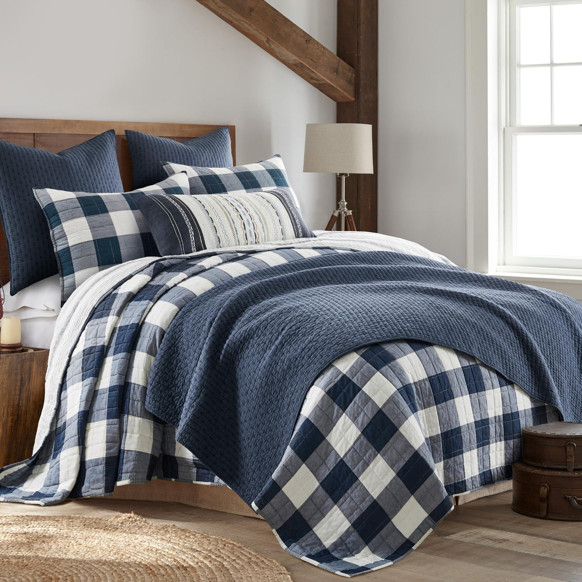 Cross Stitch Reversible Quilt Set (106x92in) and 2 Pillow Shams (36x20in) - Stitch Texture - Navy