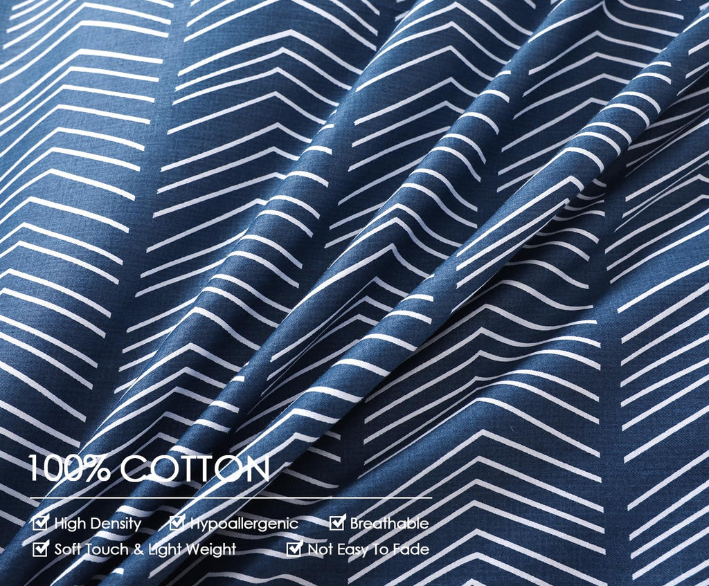 Navy and White Duvet Cover Set, 100% Cotton Bedding, Chevron Geometric Pattern, with Button Closure (3pcs)