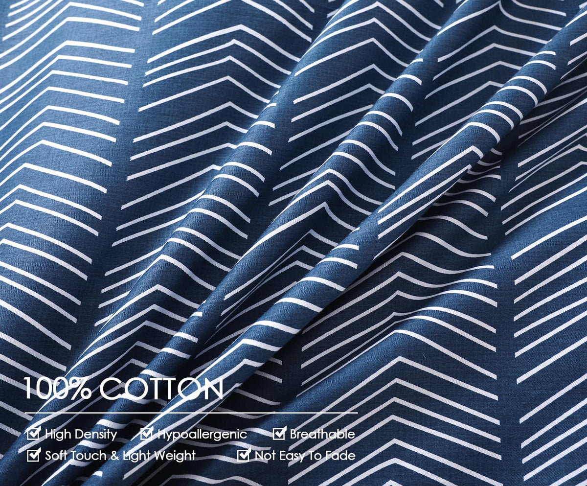 Navy and White Duvet Cover Set, 100% Cotton Bedding, Chevron Geometric Pattern, with Button Closure (3pcs)