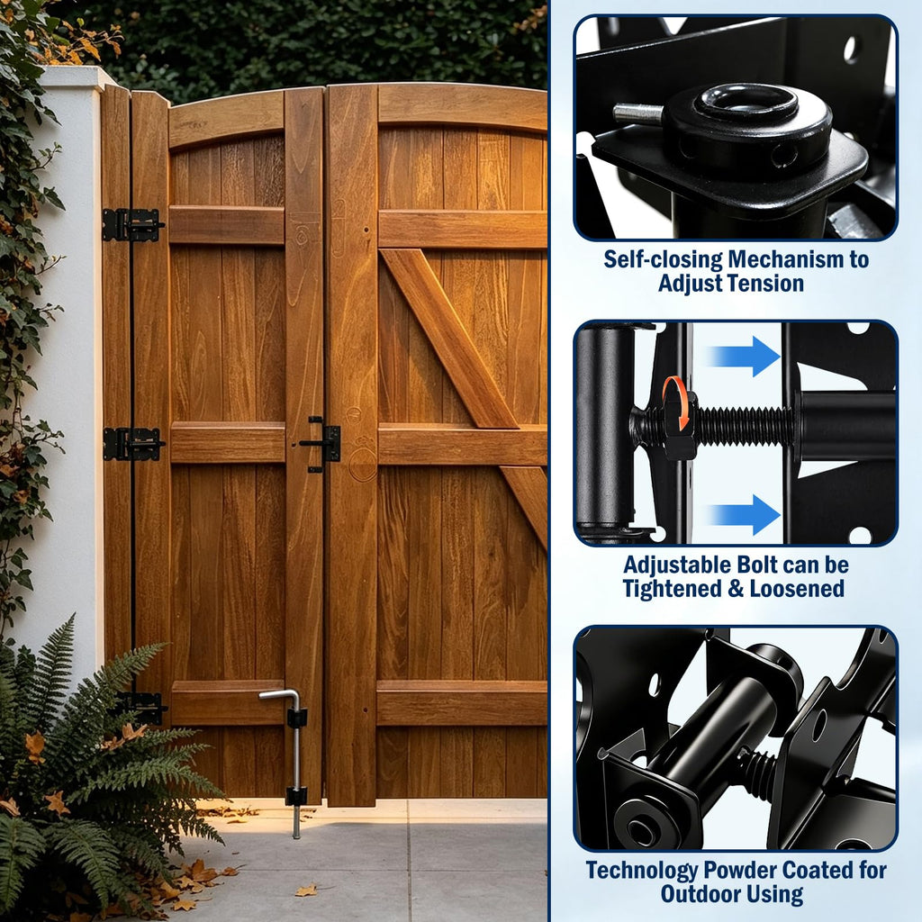 Adjustable Self-Closing Gate Hinges, Heavy Duty Vinyl Wood Fence Gate Hinges, Self Close Gate Hardware Kit for Wooden