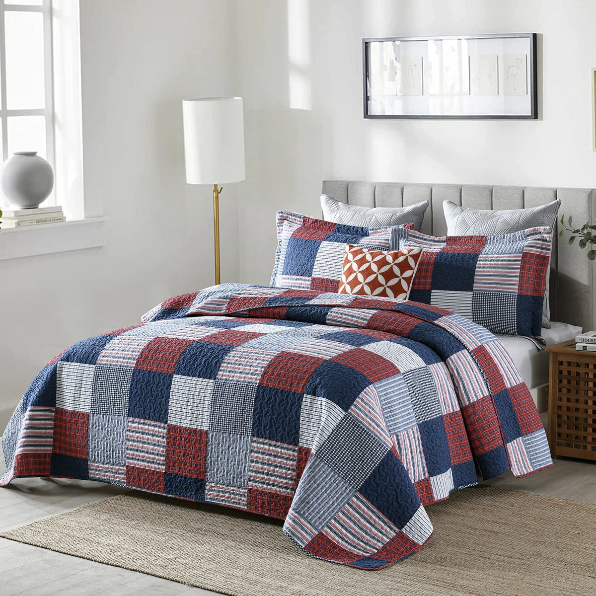 100% Cotton Quilt Set, Patchwork Plaid Quilt Bedding Set Bedspreads, Farmhouse Lightweight Comforter