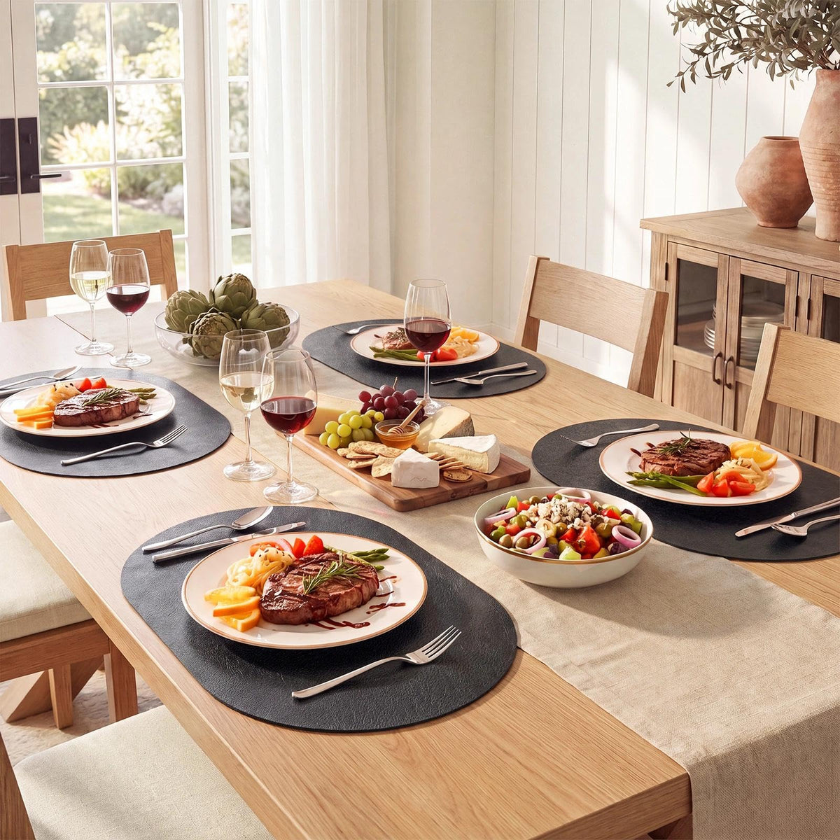 Vinyl Faux Leather Oval Placemats, Set of 4, Black