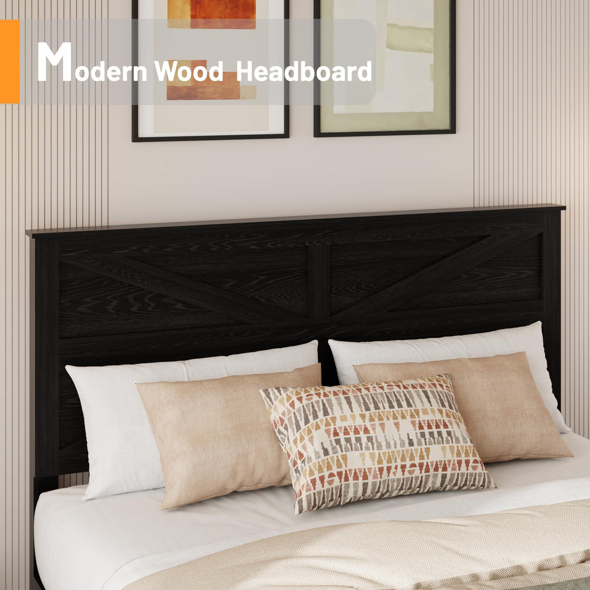 Farmhouse Wooden Bed Frame with Headboard, Black