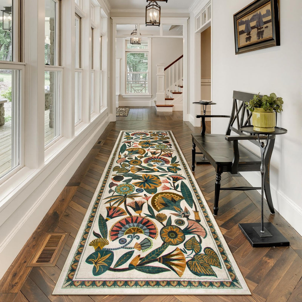 Egypt Floral Washable Bathroom Runner Rug Floor, 2x8 Boho Rug Runners s Entryway, Vintage Non Slip Soft Throw Carpet