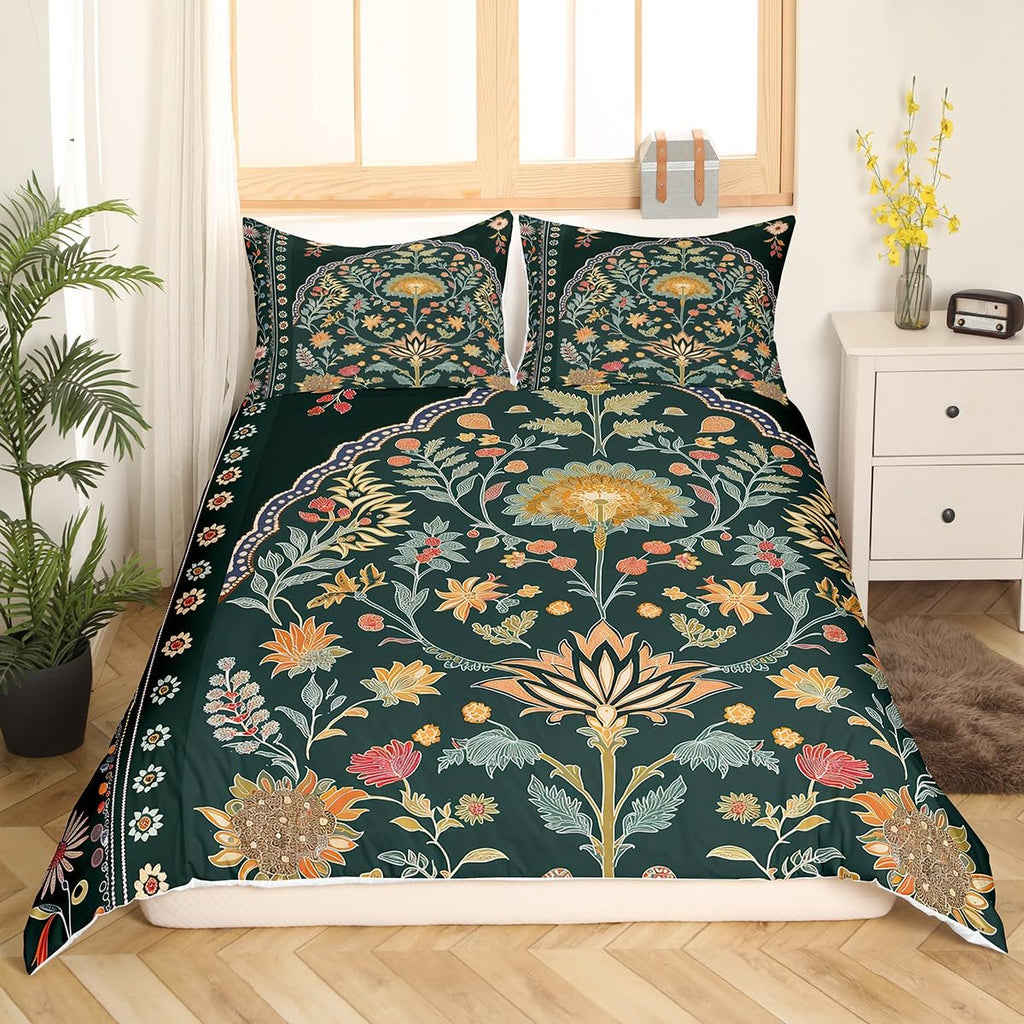 Bohemian Duvet Cover Ethnic Baroque Bedding Set, Girls Boho Floral Leaves Comforter Cover Indian Classical Texture