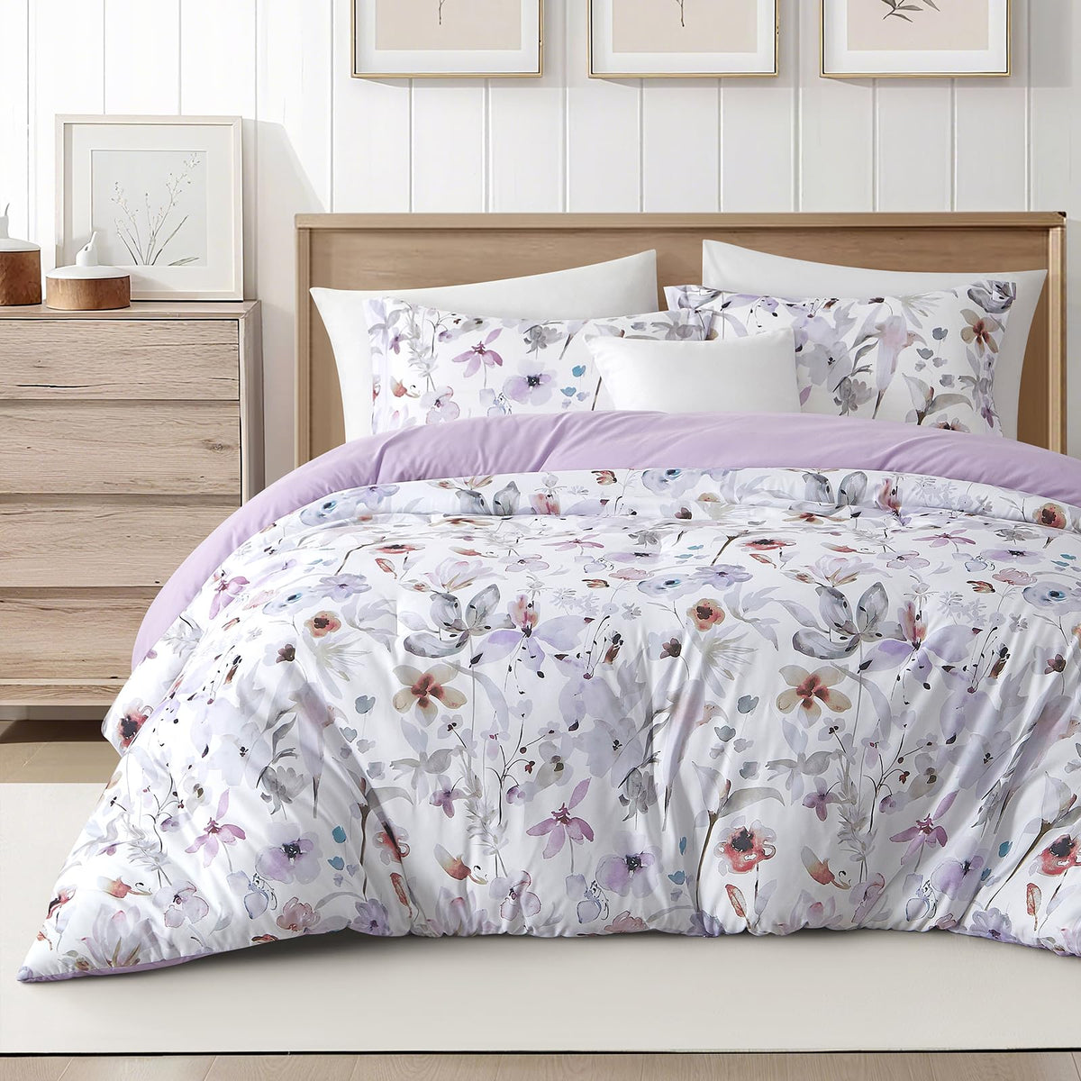3 Piece Queen Comforter Set, Purple Floral Bedding, Soft Microfiber Comforter with Pillow Shams, Romantic French