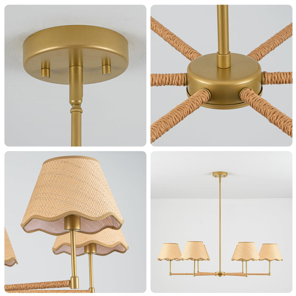 38" Rattan Pendant Light Fixtures, 6-Light Boho Rattan Chandelier