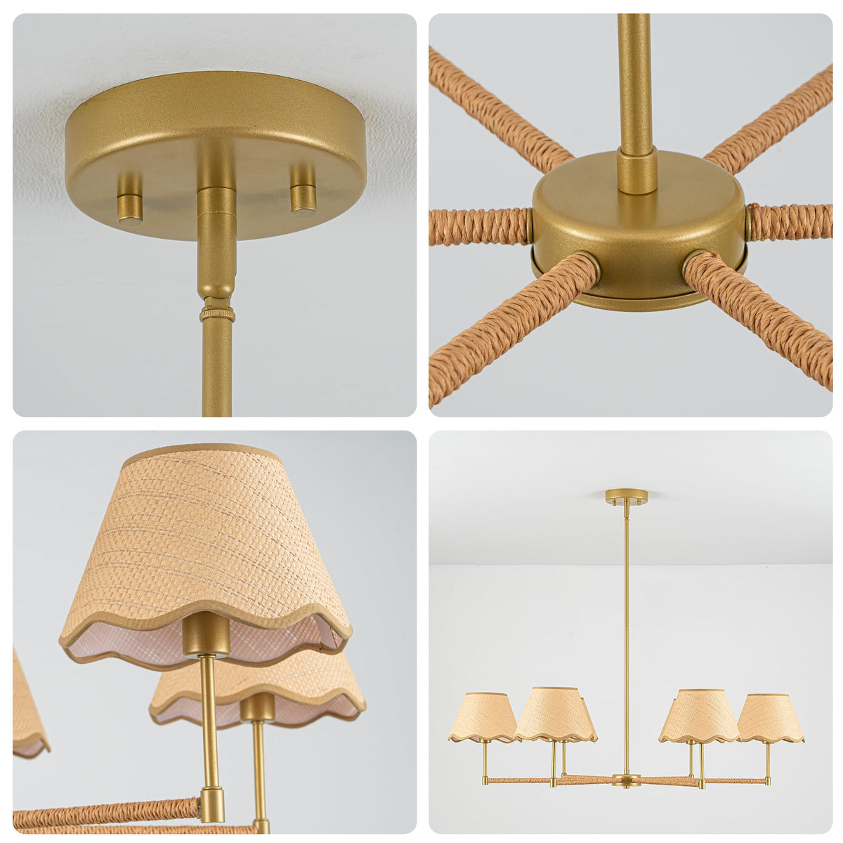 38" Rattan Pendant Light Fixtures, 6-Light Boho Rattan Chandelier