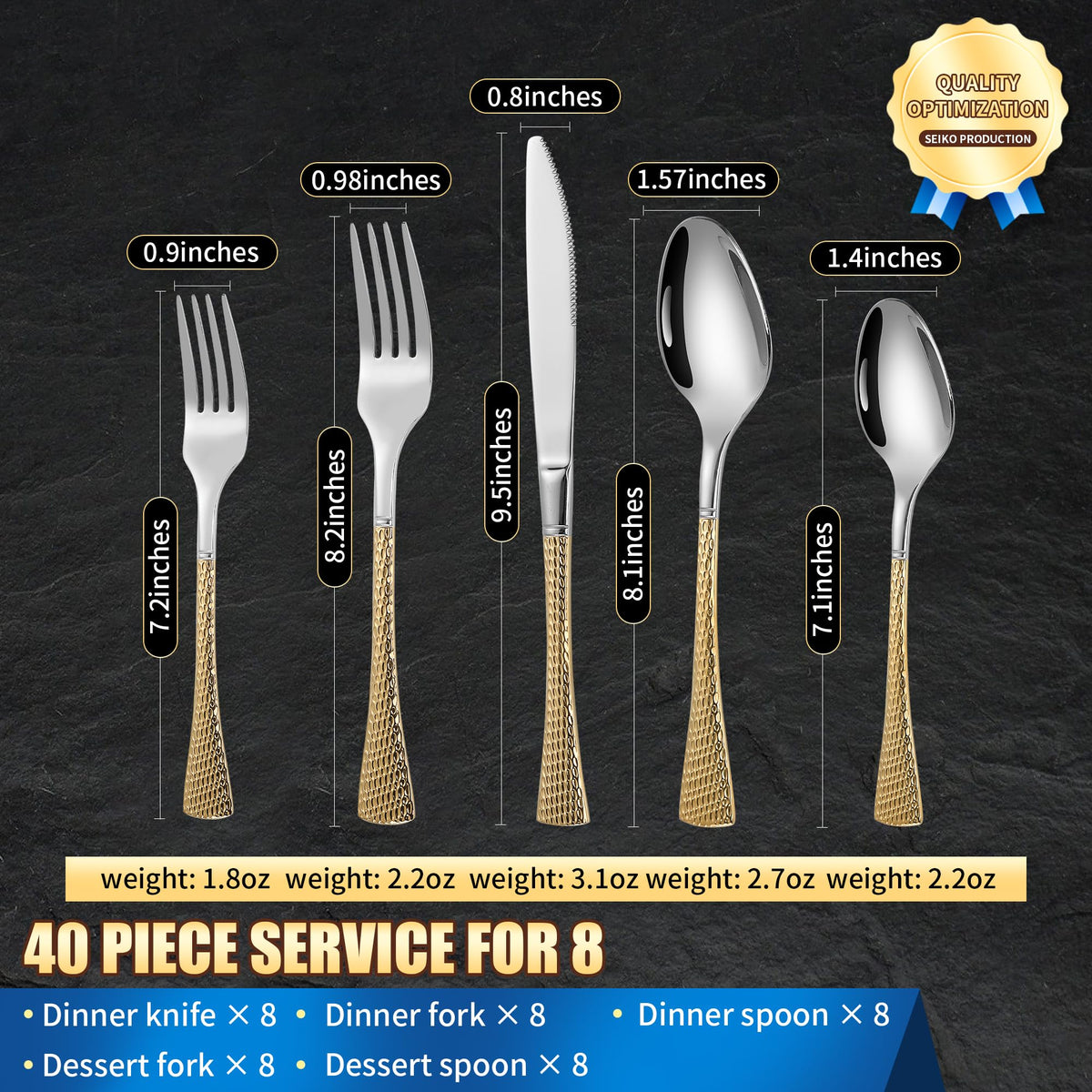Hammered Silver Gold Silverware Set for 8,Stainless Steel 40-Piece Modern Cutlery Set,Mirror Polished Heavy Duty