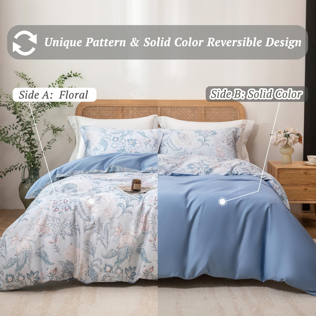 Blue Paisley Floral Duvet Cover Set 3pcs for All Season Queen